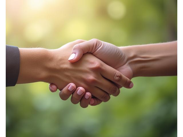 Two hands gently shaking, symbolizing agreement and trust.